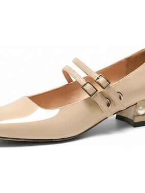Women's Pearl Khaki Mary Jane Low Pearl Heels Square Toe Pumps Ballet Shoes